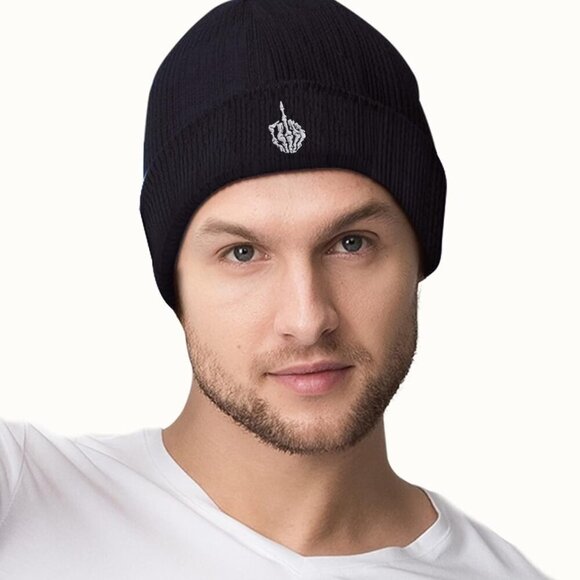 Horned Hand Beanie Hat for Men Women Knit Winter Cap Embroidered Skull Finger Ca - Picture 4 of 5